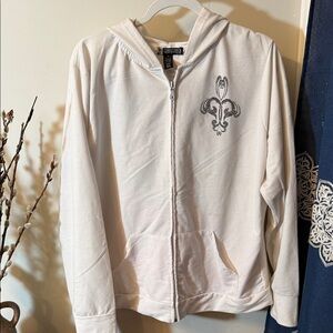 JOU JOU White Zip-Up Hoodie with Gray Fleur-de-Lis True Love on back